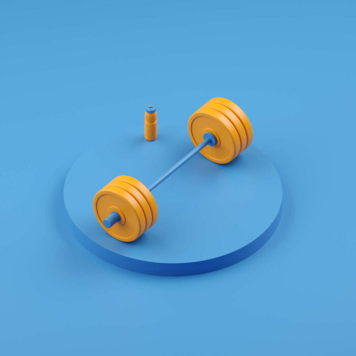 3d render. Minimalistic abstract background design. A heavy barbell and a 3d water flask stand on a bright colored podium.